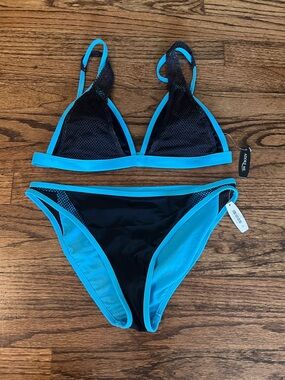 Adore Me Black & Bright Blue Mesh-Trim Triangle Bikini